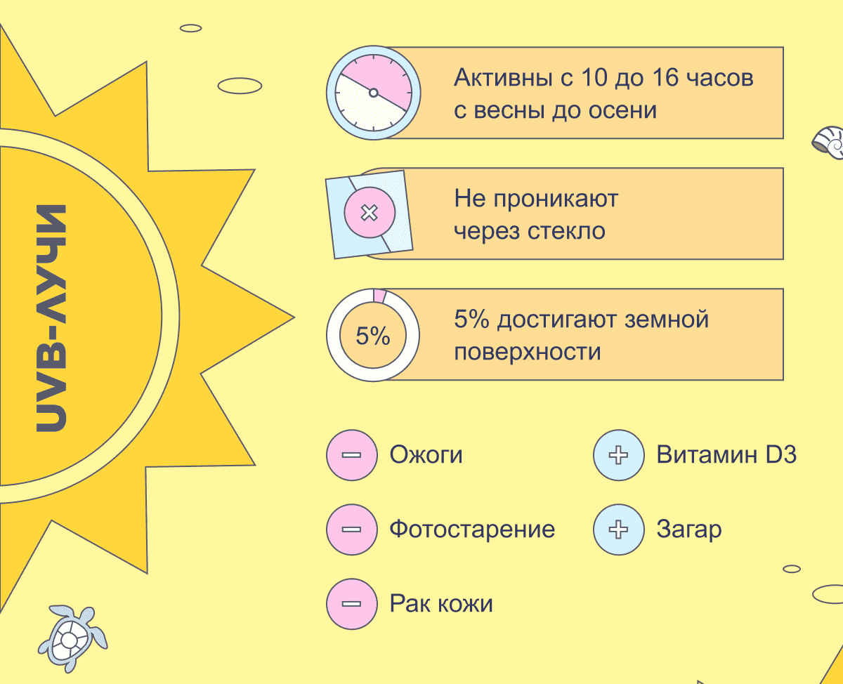 UVB-лучи | Активны с 10 до 16 часов с весны до осени | Не проникают через стекло | 5% достигают земной поверхности | - Ожоги | - Фотостарение | - Рак кожи | + Витамин D3 | + Загар