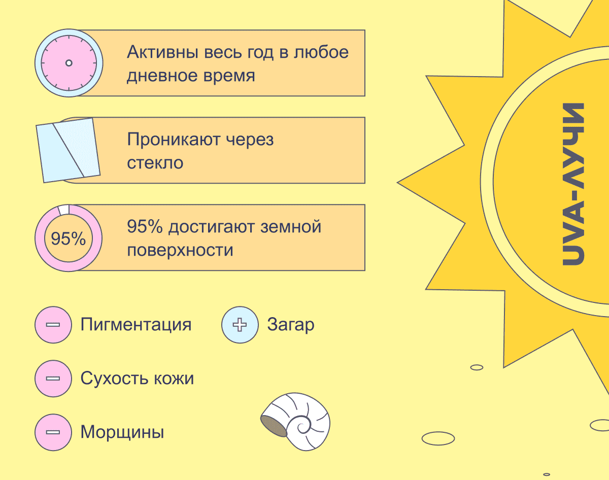 UVA-лучи | Активны весь год в любое дневное время | Проникают через стекло | 95% достигают земной поверхности | - Пигментация | - Сухость кожи | - Морщины | + Загар
